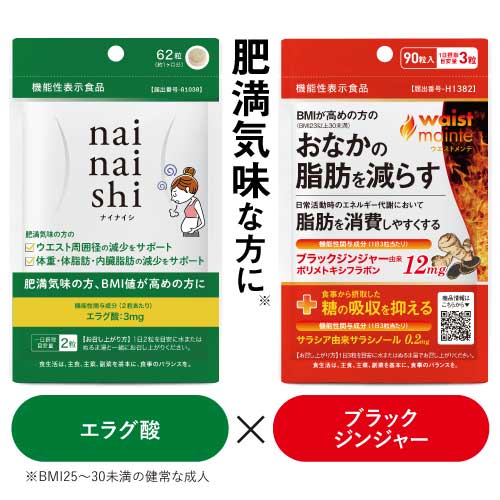 エラグ酸 サプリ 肥満気味の方 体重 体脂肪 中性脂肪 の減少を助ける ブラックジンジャー サラシア BMI高めの方 お腹の脂肪を減らす 脂肪消費 食事の糖の吸収を抑える【医師監修 機能性表示食品】ナイナイシ(賞味期限:2026.5.9) + ウエストメンテ セット 【メール便】