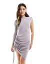 エイソス ASOS DESIGN asymmetric drape mini dress with ruche drawstring tie in grey レディース