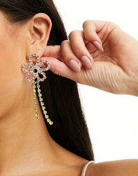 True Decadence oversized flower drop earrings in pink and green crystal レディース