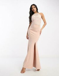 リプシー　ドレス Lipsy halter neck maxi dress with lace detail in light pink レディース