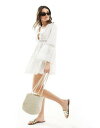 ~XZtbW Miss Selfridge beach broderie lace insert fluted sleeve cover up mini dress in white fB[X