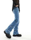 エイソス エイソス ASOS DESIGN flare jeans with raw edges in mid blue メンズ