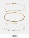 GC\X ASOS DESIGN pack of 3 anklets with real semi precious stone and faux pearl design in gold tone fB[X