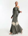 GC\X ASOS DESIGN cold shoulder embroidered maxi dress with fringing detail and asymmetric puddle hem in charcoal fB[X