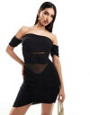 エイソス　ドレス エイソス ASOS DESIGN bardot ruched mesh panel mini dress in black レディース