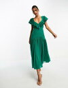 GC\X ASOS DESIGN flutter sleeve ruffle midi dress with open back in forest green fB[X