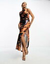 GC\X ASOS DESIGN satin high neck drape maxi dress with open back and high split in abstract print fB[X