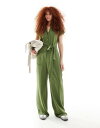 }S Mango tie waist jersey jumpsuit in khaki fB[X