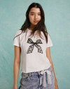 ~XZtbW Miss Selfridge short sleeve baby tee with lace bow graphic in white fB[X