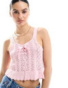 ~XZtbW Miss Selfridge crochet contrast satin lace up bow cami in soft pink fB[X