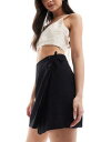 Monki linen wrap tie detail mini skirt in black fB[X