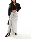 GkG[PCfB[ NA-KD denim maxi skirt with front split in light grey fB[X