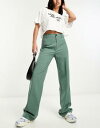 Pull&Bear high waisted tailored straight leg trouser in dark green fB[X