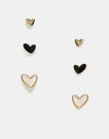 エイソス エイソス ASOS DESIGN pack of 3 stud earrings with faux pearl and black enamel heart design in gold tone レディース