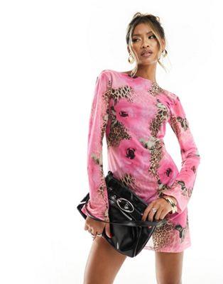  ASOS DESIGN angel sleeve scoop back mini dress in leopard floral print ǥ