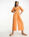 GC\X ASOS DESIGN linen look shirred puff sleeve jumpsuit in orange fB[X