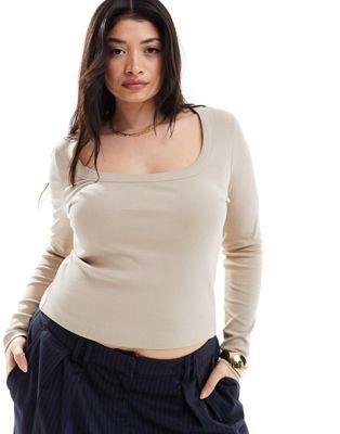 ASOS Curve GC\X ASOS DESIGN Curve square scoop neck long sleeve t-shirt in taupe fB[X