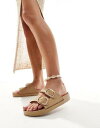 London Rebel double buckle footbed sandals in beige レディース