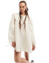 Monki mini swing dress with collar and tie cuffs in white polka dots print レディース