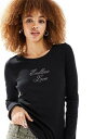 Monki long sleeve fitted top with endless love crystal placement in black レディース