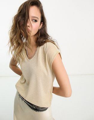 I[ ONLY v neck t-shirt in gold metallic fB[X