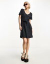 オンリー ONLY v neck tie waist mini dress in navy stri ...