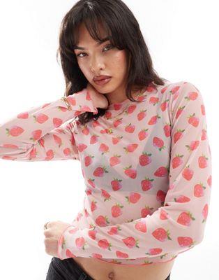 Pieces mesh high neck sheer top in strawberry pink print レディース