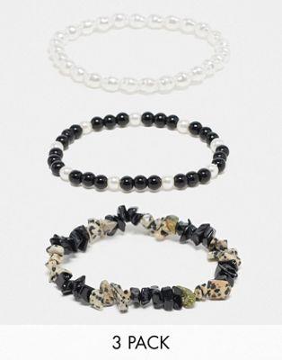 エイソス エイソス ASOS DESIGN 3 pack faux pearl and black chip beaded bracelet メンズ