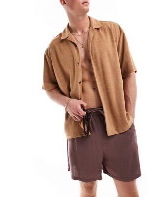 エイソス ASOS DESIGN short sleeve oversized revere towelling shirt in tan brown メンズ