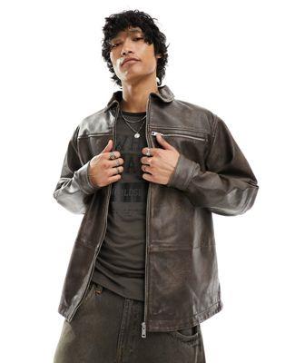 GC\X ASOS DESIGN real leather oversized distressed harrington jacket in brown Y