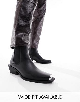エイソス ASOS DESIGN cuban heel western chelsea boots in black faux leather with metal hardware メンズ