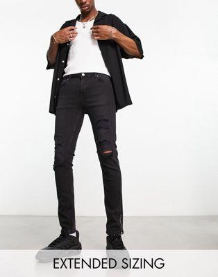 エイソス エイソス ASOS DESIGN skinny jeans in black with knee rips and zip detail メンズ