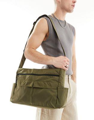 エイソス ASOS DESIGN cross body tote bag with pockets in khaki メンズ