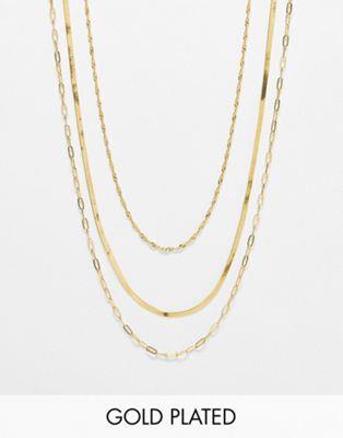 GC\X ASOS DESIGN 14k gold plated pack of 3 necklaces with mixed chain design fB[X