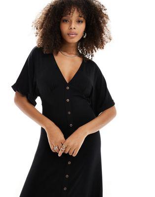 エイソス ASOS DESIGN roll sleeve button front midi tea dress in black レディース