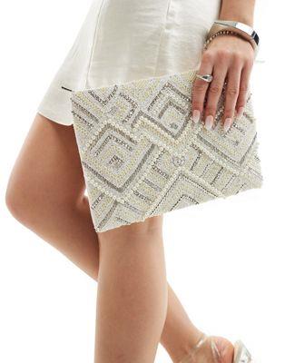 エイソス ASOS DESIGN diamond beaded zip top clutch bag in white レディース