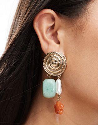  ASOS DESIGN Limited Edition drop earrings with semi precious turquoise and faux pearl detail in gold tone ǥ