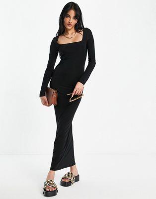 エイソス ASOS DESIGN square neck long sleeve slinky maxi dress in black レディース