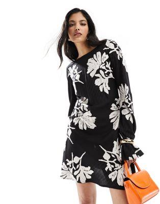 エイソス ASOS DESIGN viscose slash neck mini dress with v-back detail in floral script print レディース