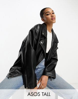 ASOS Tall エイソス ASOS DESIGN Tall longline oversized faux leather biker jacket in black レディース