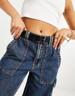 エイソス ASOS DESIGN leather silver buckle waist and hip jeans belt in black レディース