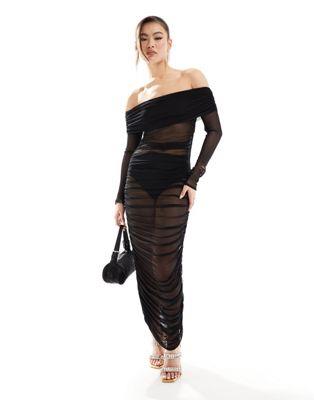 エイソス ASOS DESIGN mesh long sleeve bardot super ruched midi dress in black レディース