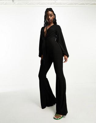 エイソス ASOS DESIGN glam plunge tie front jumpsuit in slinky in black レディース