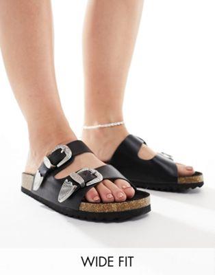 エイソス ASOS DESIGN Wide Fit Famous double strap western sandals in black レディース