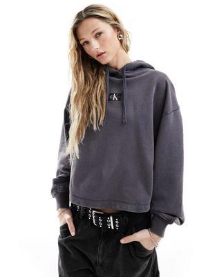 JoNC Calvin Klein Jeans washed woven label hoodie in washed black fB[X