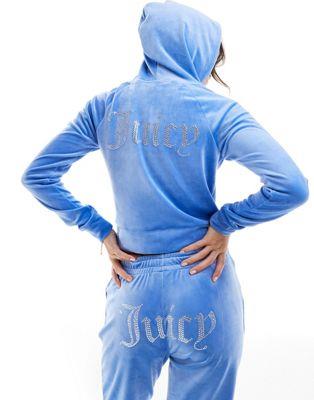 W[V[ N`[ Juicy Couture diamante logo velour zip through hoodie co-ord in washed denim blue fB[X