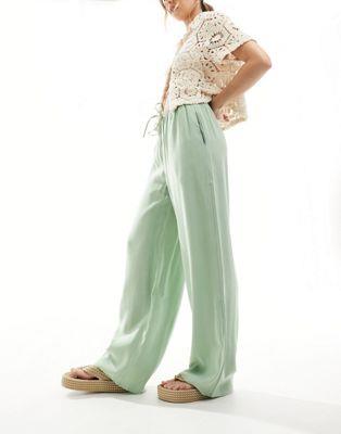 マンゴ Mango straight leg linen trousers in sage green レディース