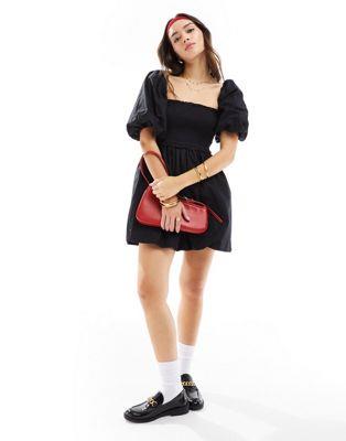 ミスセルフリッジ Miss Selfridge poplin shirred puffball mini dress in black レディース