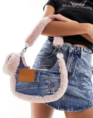 ~XVbNXeB Miss Sixty mini denim handbag pink faux fur details in light wash blue fB[X