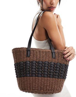 My Accessories two tone straw tote bag in brown and black fB[X